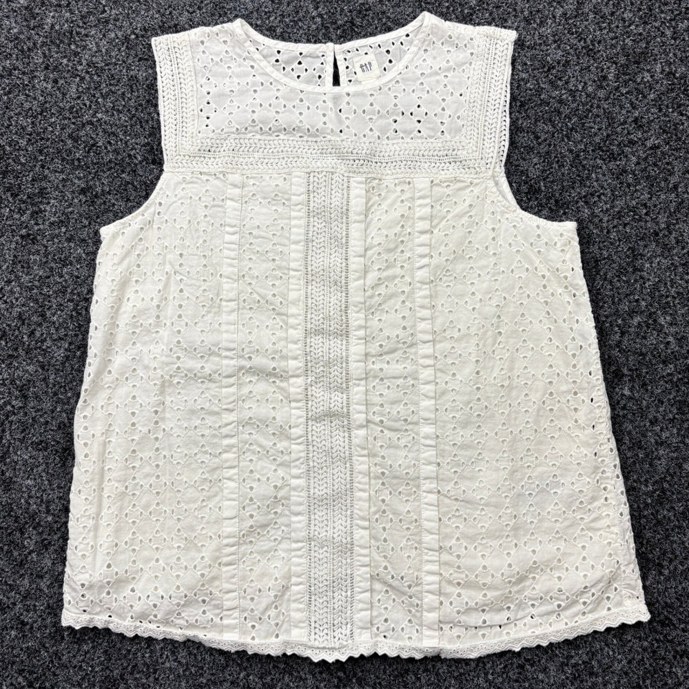 GAP Top Womens Small Optic White Eyelet Lace Sleeveless Keyhole Blouse Tank S